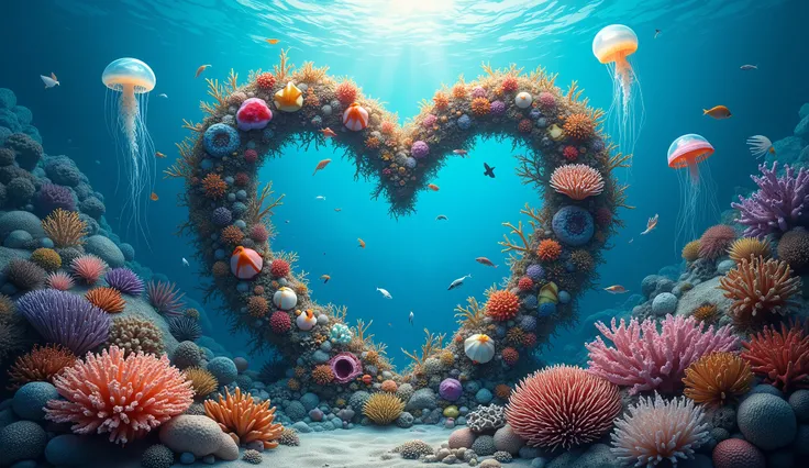 A very deep seabed,Australia&#39;s deep sea.There are many corals and shells in it.,Several fish and jellyfish are arranged in the shape of hearts,Then together they form a dreamlike underwater world，Looks very relaxing.,The light from above makes people f...