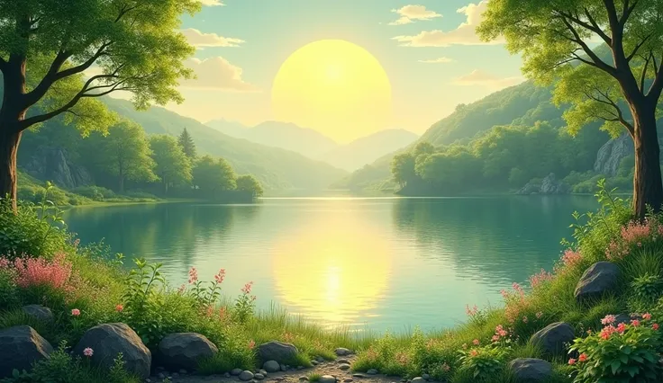 Generate a beautiful landscape with undergrowth, in a beautiful lake with spring and small rocks with a big sun.
