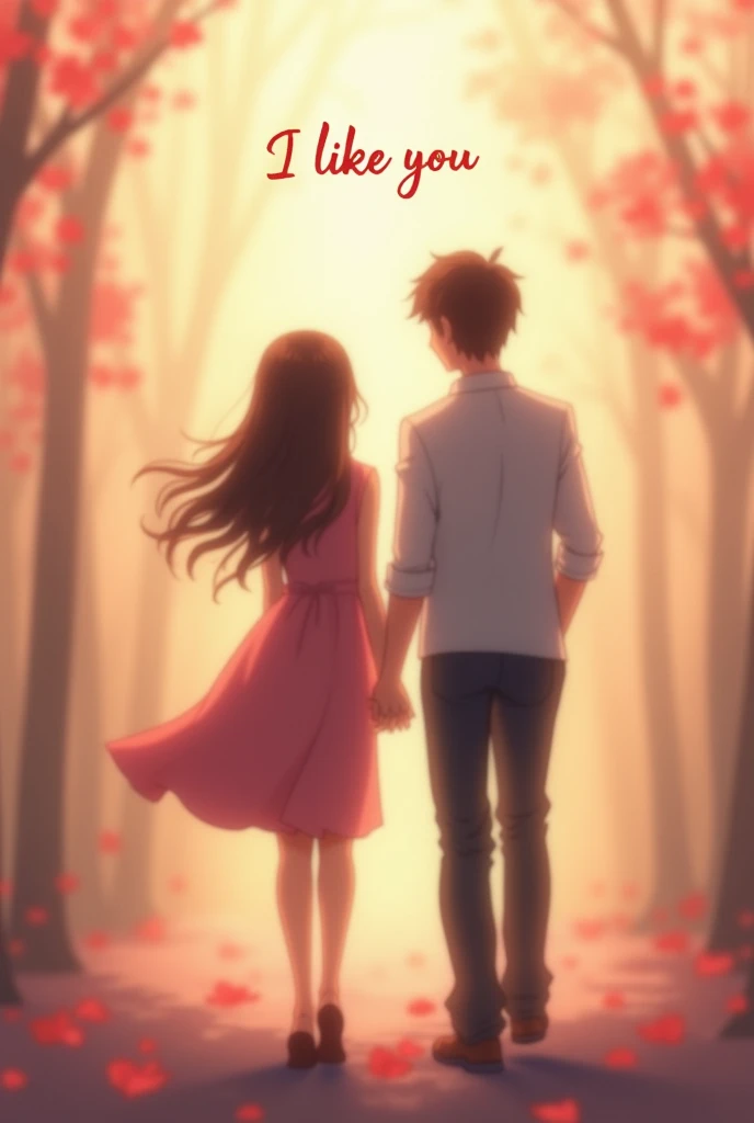 Image of a couple holding hands from behind in a blurred anime and above that says I LIKE YOU in Spanish and the background is blurred 
