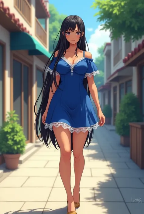 beautiful fit anime tanned woman, hourglass body type, age 19, cobalt short sleeve tent mini dress with white lace trim, tan wedges, very long black hair with silver highlights, walking on the sidewalk in a quiet town, medium breasts