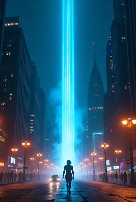 A column of blue light radiates from afar, the city