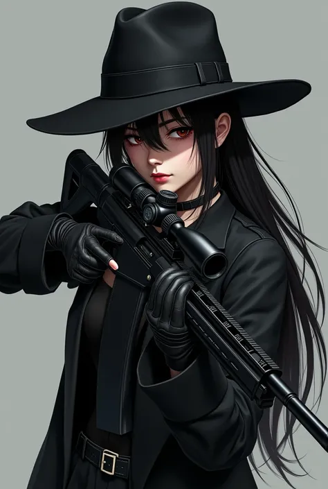 Asian teen girl with long black gloves with cuffs and a choker and a sniper rifle. She is wearing a black dom 
hat