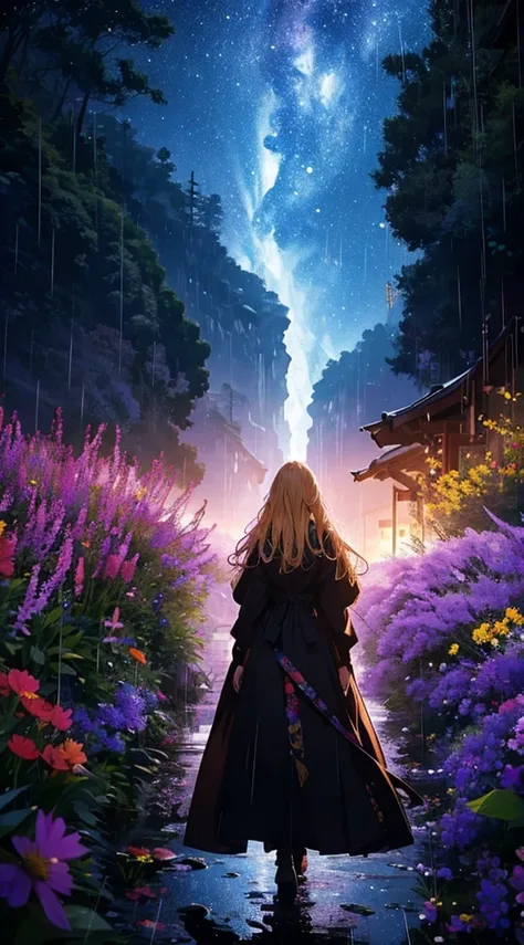 １people々々々々々々々々々々々々,Blonde long-haired woman，Long coat， Dress Silhouette， Rear View，universe ，typhoon，rain，Flower Field，Colorful flowers