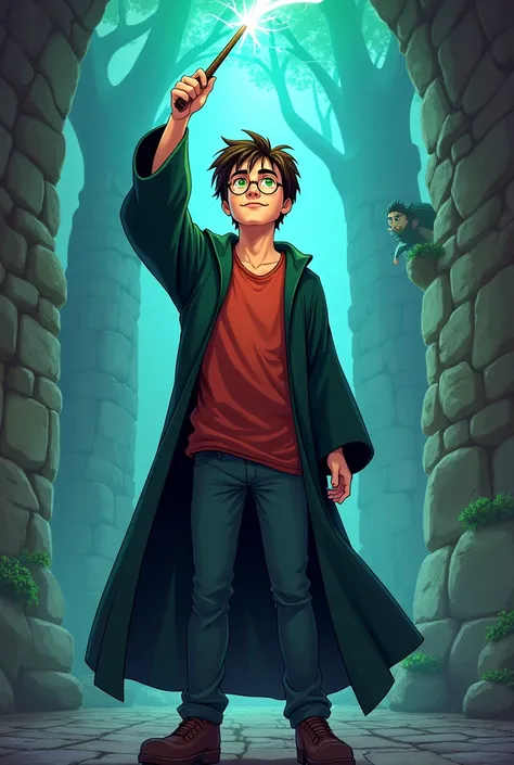 Harry Potter full length looking up,  holds the magic wand up,  in cartoon style 