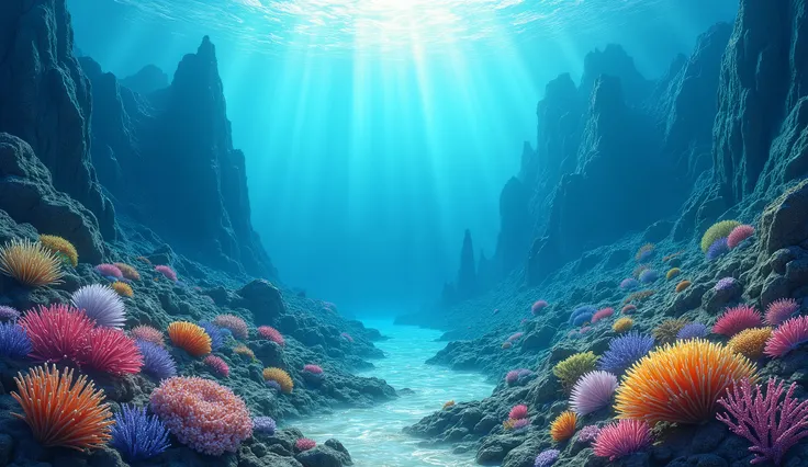 A very deep seabed,Australia&#39;s deep sea.There are many corals and shells in it.,There are mountains in the sea,Then together they form a dreamlike underwater world，Looks very relaxing.,The light from above makes people feel very soft,The sea is blue