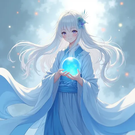 anime girl with a blue and white dress holding a blue ball, onmyoji, onmyoji detailed art, onmyoji portrait, white haired deity, keqing from genshin impact, genshin, from arknights, zhongli from genshin impact, heise jinyao, by Shitao, loong, by Yang J, yu...