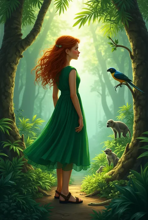  The Keeper of Secrets
a girl age of 12 with the green dress in the jungle with greenary surrounded by some creatures