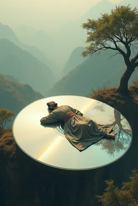 The ancient Chinese poet Li Bai lies on top of a giant modern CD