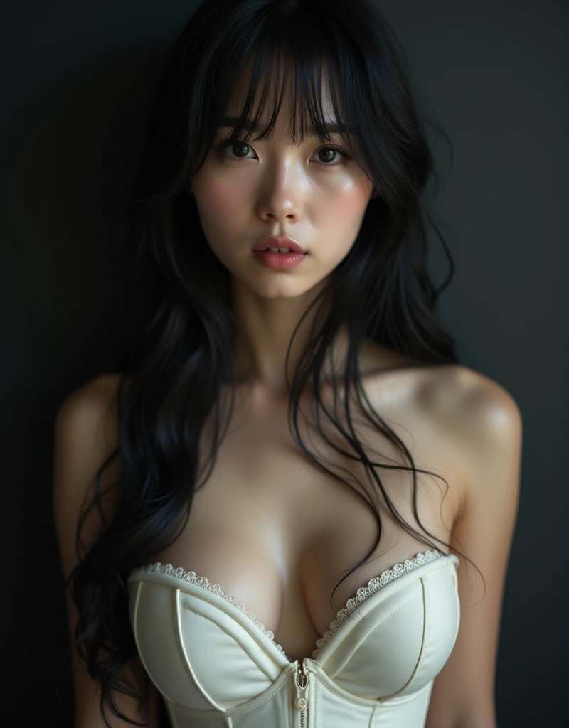 real photograph, Dreamy atmosphere, Studio shot、Upper body portrait、Angle from below、(White corset:1.4), (Big and ample breasts:1.4), Focus on the chest、Slim Body Enhancement、Realistic、Realistic、Highly detailed cute girl、alone、1、Japanese、Melancholic expres...