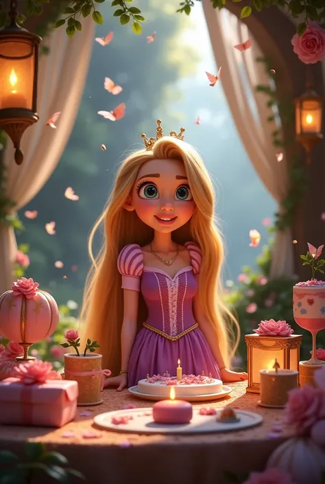 Rapunzel celebrating her birthday, in pixar format. Something magical like in the movie.