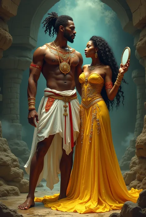 a tall and strong black man wears white and red clothes with a male of two Gomes Xangô and a black woman dressed in a yellow and gold dress with a mirror in her hand next to this man Oxum