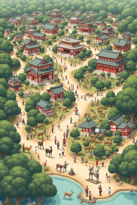 Nara city map from Japan with lots of deer and tourists.