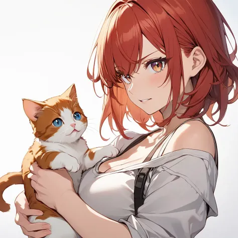 redhead jacked anime girl holding a kitten