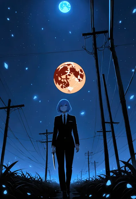 (masterpiece:1.4), (best quality:1.4), Extremely detailed, complex, illustration,Backlight, landscape, 1 Girl Assassin, Blue short hair, Wearing a suit，With glowing white eyes, (Short knife), from_more than ,track :1.2,（flat shading：1.2），（Minimalism：1.4） C...