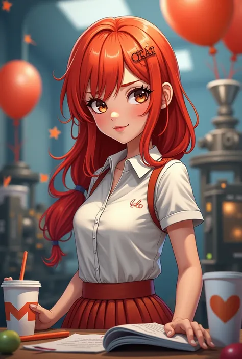 Tayer for personalizing polo caps, glasses, cups and crafts that show the machines and that make balloon arrangements that are a woman with red hair and light brown eyes that has a skirt-shaped cover
