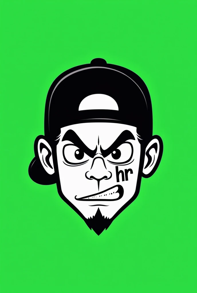 Logo for a brand that shows only a black and white cartoon face, that he has a black cap on backwards, Black hair, with an aggressive expression and a tattoo on the side of his right eye with the initials HR, with a completely flat and green background 