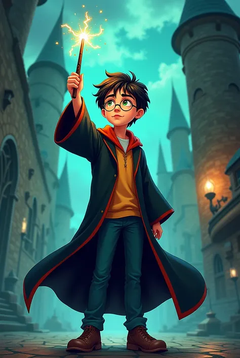 Harry Potter full length looking up,  holds the magic wand up,  in cartoon style 