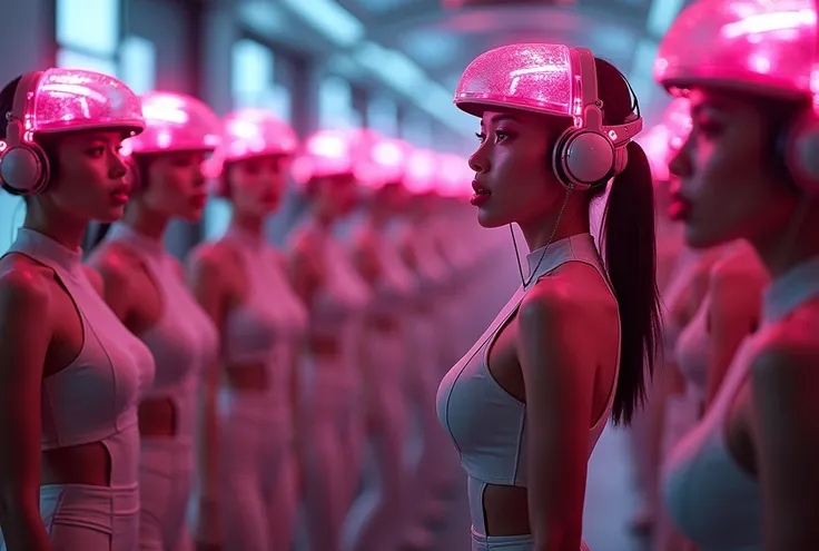 (Highest quality),(Very detailed),(Ultra-high resolution),(Best illustrations),8k,cyber punk,Over 20 beautiful Asian or European women in futuristic uniforms lined up in four rows,
All are wearing headgear,All of them have ecstatic expressions and stick ou...