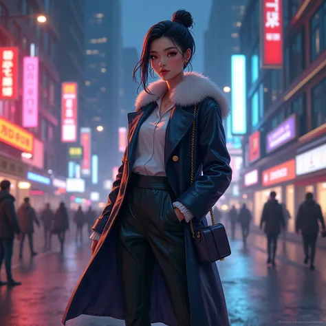 "Create an image of a character inspired by the Elemental of Christmas Carol from the game Guardian Tales. The character should be dressed in modern Korean female fashion, featuring stylish and elegant clothing suitable for a city night scene. The outfit s...