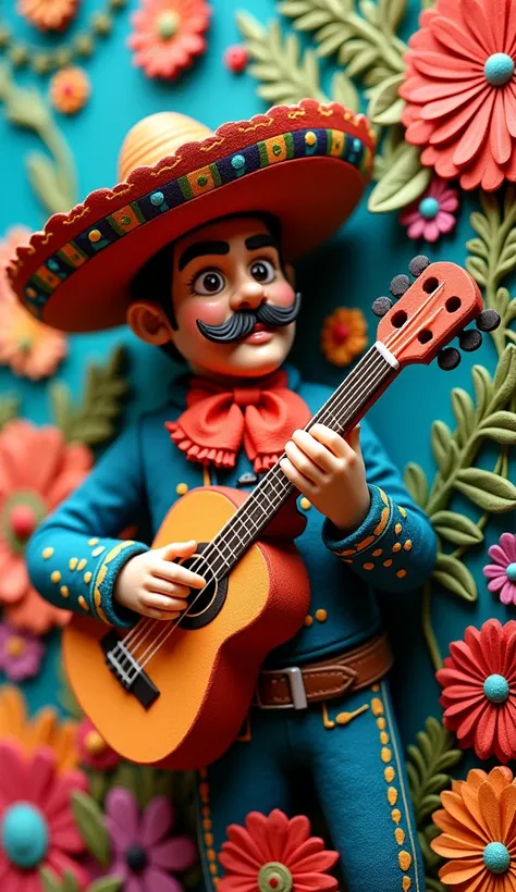 mexican mariachi with guitar paper clay craftwork, colourful, vibrant, shadow