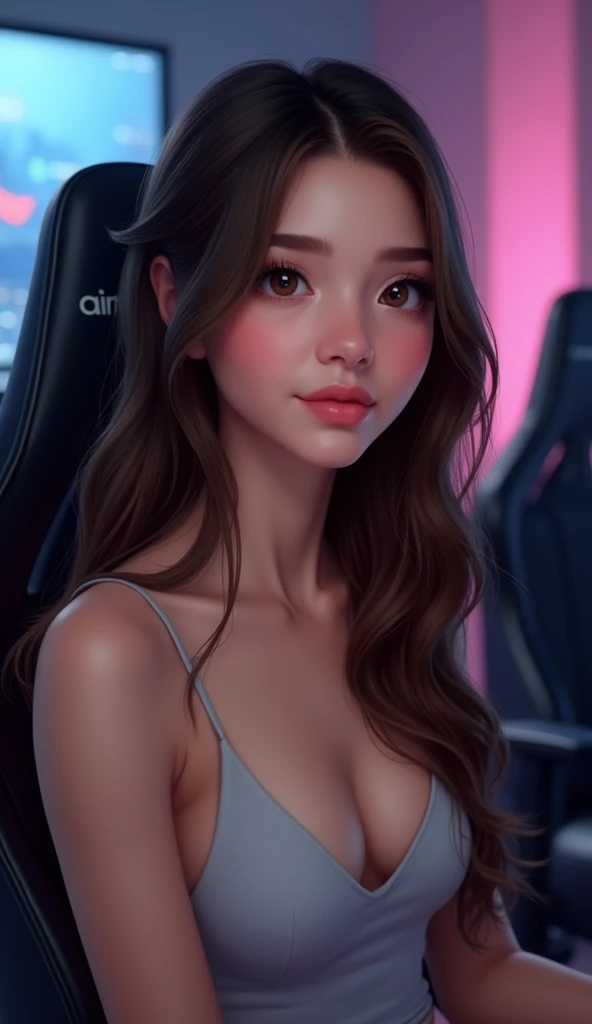 Create a realistic picture of a beautiful woman with a slightly larger nose and long, straight dark brown hair. She is seated in a gamer chair, appearing as if she is doing a live stream. Her expression is neutral and calm, without any smile. Her face is n...