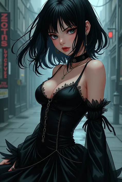 1 female manga character with black layered wolfcut hair and black eyes,wear clothes ( or skirt) Gothic style/Y2K/here,...  ( like misa in death note )