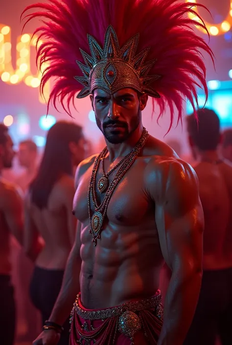 Handsome naked man  at a gay night club,  3, turkish, wearing a carnival costume, full of feathers,  lots of jewellery, glitter over his body,  oiled skin, makeup, boots, erect penis, very masculine, gran espaldar de plumas y lentejuelas