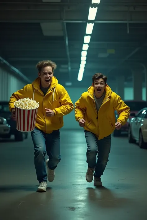 a lonely and cute 2 guy in a yellow jacket and a bucket of popcorns running and screaming with fear in a dark interior parking lot