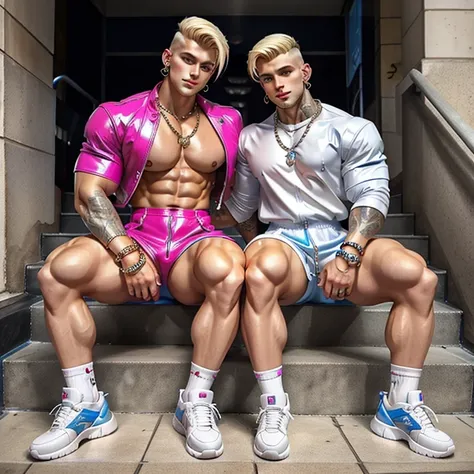 full view full body, 2 white european cute fashion boys with short undercut platinum gold blonde fashion haircut, muscular, artificially tanned, wearing pink and blue latex jumpsuit that says “I like boys”, Balenciaga triple s pink chunky sneakers, white l...