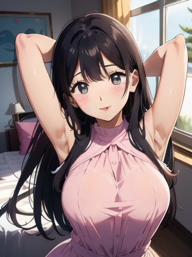 Girl, cute, kawaii, From above, Chest to head, Look up here, smile, Embarrassed, Straight Hair, Long Hair, Black Hair, morning, sunny,full breasts, Wink, standing,
(ONE Arm up behind:1.5),
(shows armpit:1.5), Light shines in,Yawn,bra top, My Room, Waking u...