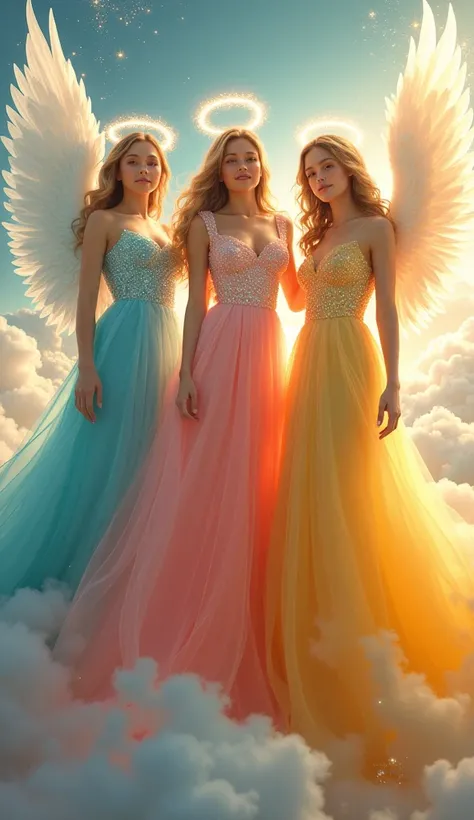 Beautiful female angels。whole body。 Michaela in a cyan dress、Gabriella in a salmon pink dress、Rafaella in a yellow dress。heaven