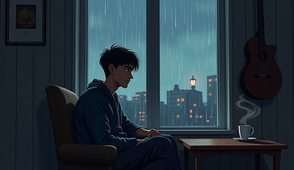 Make a digital art , a young man aged between 20-28 is sitting on a chair beside of a window watching outside remembering someone special. A coffee cup on the table from which vapour is exerted. A sky is evening and raining and the vibe is lonely . A guita...