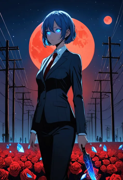 (masterpiece), (best quality), Extremely detailed, Complex Scene, whole body, illustration,Backlight, landscape, 1 Girl Assassin, Blue short hair, Wearing a suit，with glowing eyes, (Short knife), from_more than ,track :1.2,flat shading：1.2, Minimalism：1.4,...