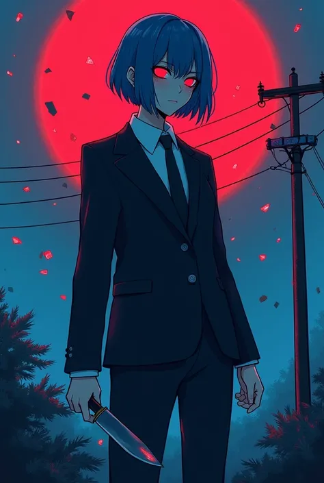 (masterpiece), (best quality), Extremely detailed, Complex Scene, whole body, illustration,Backlight, landscape, 1 Girl Assassin, Blue short hair, Wearing a suit，with glowing eyes, (Short knife), from_more than ,track :1.2,flat shading：1.2, Minimalism：1.4,...