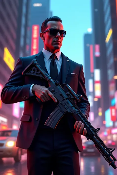 A member of a dirty money organization, holding a G33 rifle, with the theme of GTA V, with the city in the background 

