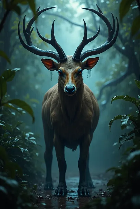 A dangerous creature combination of man, light brown and blue in colour ,horn like dear on head,in dark jungle,raining