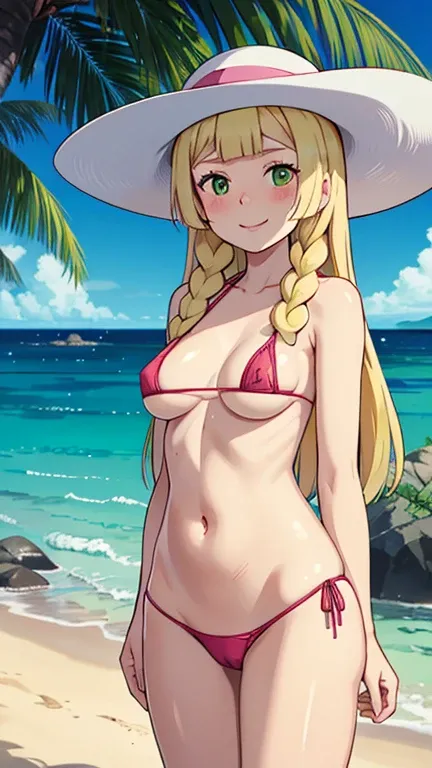 ((masterpiece,best quality)), absurdres,
lillie (pokemon), micro bikini, microbikini, wedged in vulva, lowleg, areola
solo, smiling, blushing, looking at viewer, cowboy shot, ghibli style 
cinematic composition, 
tropical beach, sun hat,blue ribbon,blonde ...