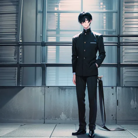 A really tall short black haired anime boy with blindfold black and black hair, Gakuran clothing 