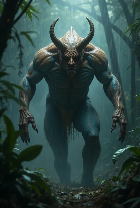 A dangerous creature combination of man, light brown and blue in colour ,horn on head,in dark jungle,raining