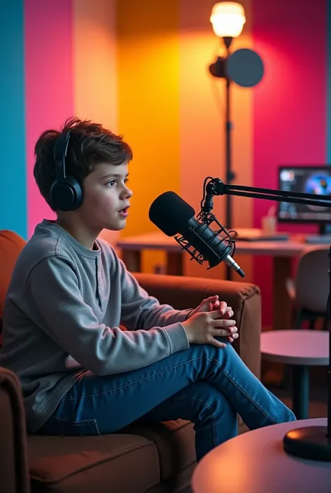 Imagine a boy sitting on the sofa in the podcast studio with mic with colorful background 