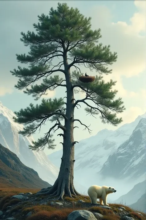 Create a photo showing a tree having a bird nest and a mountain snow with polar bear