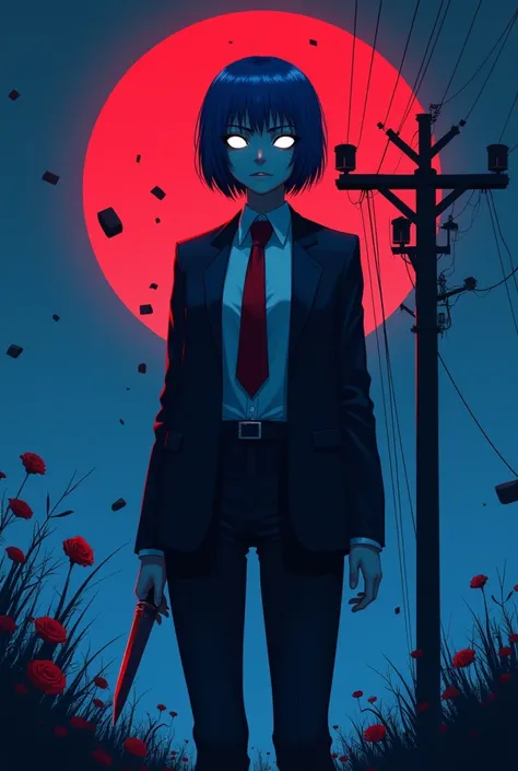 (masterpiece), (best quality), Extremely detailed, Complex Scene, whole body, illustration,Backlight, landscape, 1 Girl Assassin, Blue short hair, Wearing a suit，With glowing white eyes, (Short knife), from_more than ,track :1.2,flat shading：1.2, Minimalis...