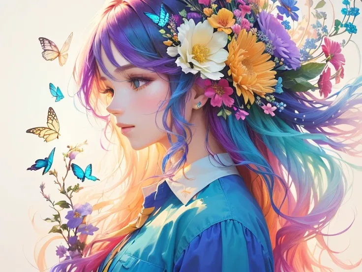 Vibrant, colorful artwork featuring a long-haired person, Flowing, multi-colored hair decorated with a variety of vibrant flowers. The person is wearing a blue shirt with a white collar, The background features colorful plants and butterflies., Create a wh...