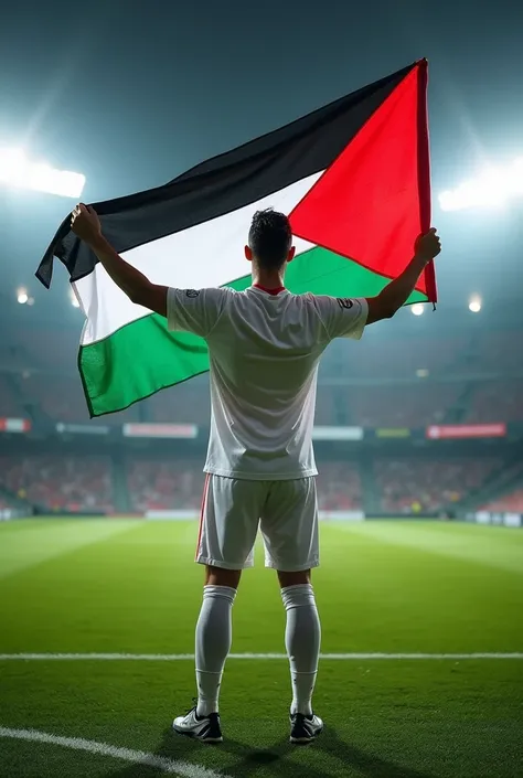 Ronaldo in football ground holding Palestine flag

