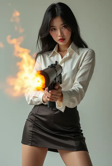 side view real person realistic beautiful korean office lady in shirt and satin mini skirt fighting standing stance legs open spreading arms straighten full portrait holding long flame thrower rifle aiming pointing me as target at you sexy legs rampage