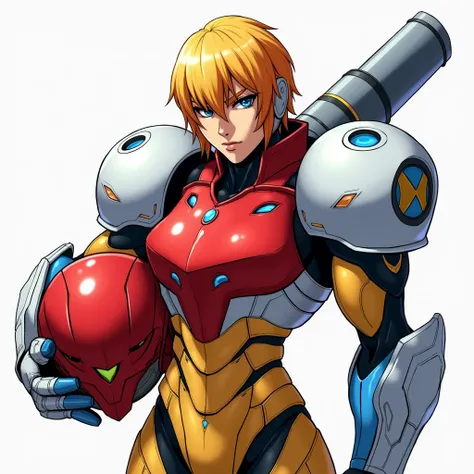 samus aran,power suit,3dcg style,red chest armor,holding red helmet,arm cannon,white and blue armor,