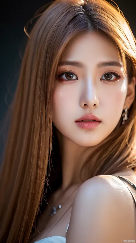 (Highest quality,8k,High resolution,masterpiece),Very detailed,(Realistic:1.35),Young and beautiful woman,K-Pop Idols,Perfect body,whole body,Complex and detailed face,Beautiful Eyes,Elegant makeup,Long yellowish light brown hair,Dynamic pose,Dramatic ligh...