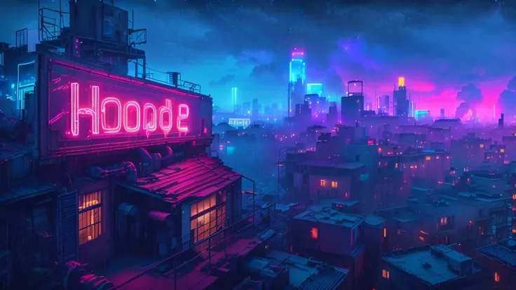 Neon-lit city streets, at night, It rains, Cloudy night sky, Vivid neon signs, Pink and blue are the predominant colors, Roof and building, Some windows are lit, A mix of industrial and residential, Moody lighting, sci-fi cyberpunk aesthetic, Deep writing ...