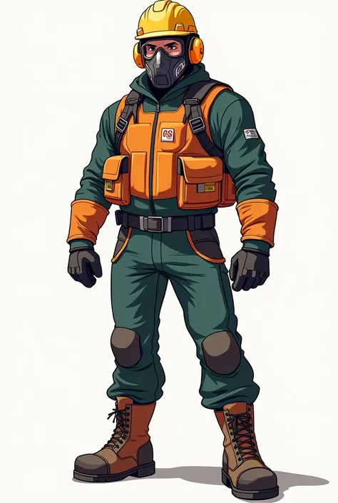 A man standing wearing a personal protective equipment with safety helmet, goggles, gloves, boots, ear muffs and mask (animated, a man not a kid, and a not human) 