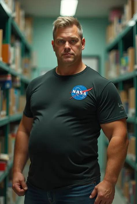 An avatar of a geography teacher, handsome and a little chubby with a small belly and muscular green eyes short light hair with a black NASA t-shirt fighting against the forces of ignorance. realistic styling